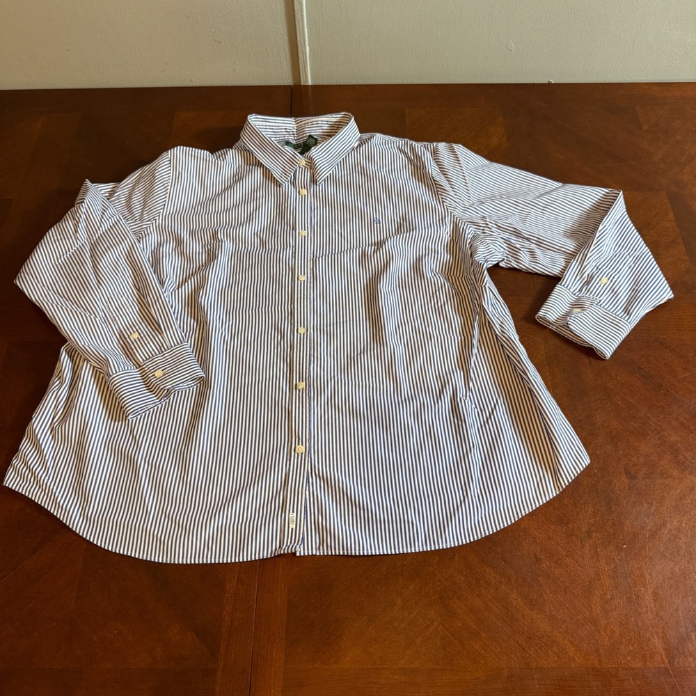 Lauren Ralph Lauren Womens 3X Blue White Striped Non-Iron Cotton Button Down